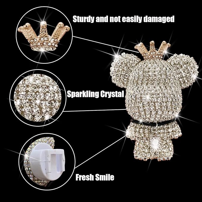 Bling Cute Diamond Bear Air Vent Clips Car Accessories,Shiny Crystal Bear Car Air Freshener Vent Clip,Rhinestone Car Decor Glitter Car Interior Interior Decoration，Holiday Gift for Boys Girls Friends Family (Silver 1 x Bear， 2 x Cute bling Hook)