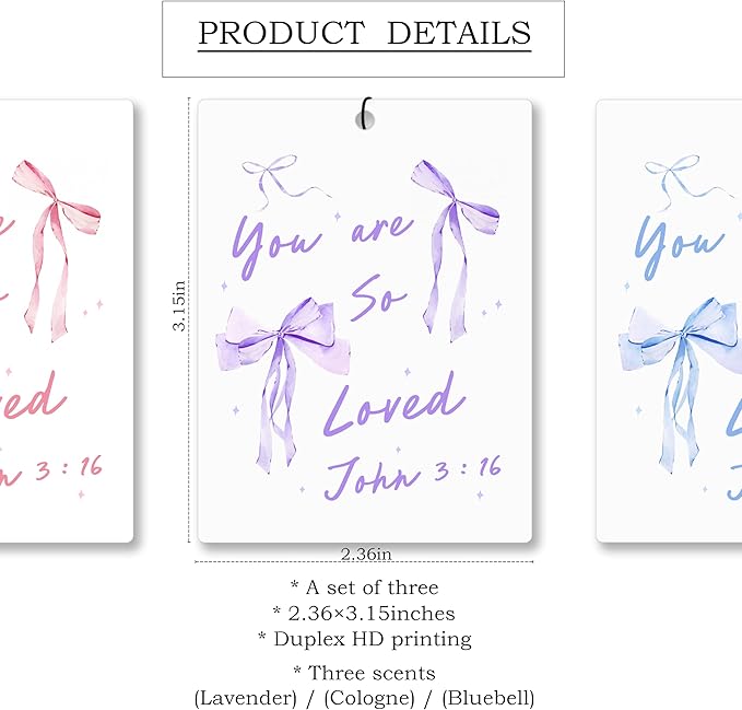 Mancheng-zi Coquette Bow Christian John 3:16 Car Air Freshener 3Pcs, Cute Preppy Girly Religious Air Freshener Hanging for Cars Closet Drawer or Books, Blue Purple Pink Car Accessories Mirror Decor