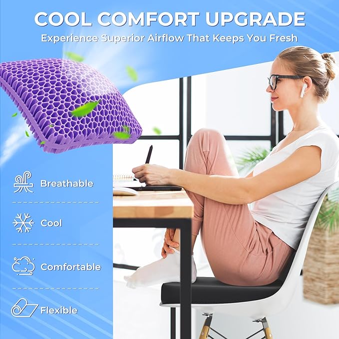 TushGuard Gel Seat Cushion for Long Sitting, Enlarged & Thickened Patent Design, Breathable Cooling for Office Chair, Soft Car Seat Cushion for Wheelchair (2" Thick, Black)