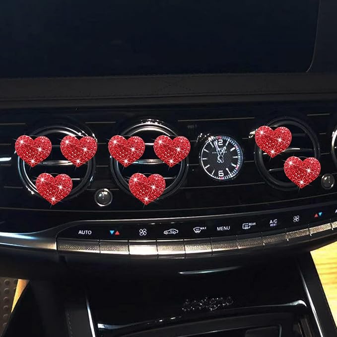8 Pcs Bling Heart Air Freshener Vent Clips - Crystal Heart Rhinestone Car Decoration, Cute Car Accessories for Women Girls (Red)