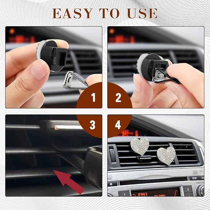 2PCS Heart-Shaped Car Vent Clip with Rhinestone, Car Vent Accessory, Bling Heart Charm Air Conditioning Outlet Clip, Auto Diffuser Air Freshener Charm for Women Girls (White, Heart)