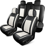 Car Seat Covers Full Set, Breathable Nappa Leather Seat Covers, Horizontal Stripes Automotive Seat Covers, Universal Seat Cushions for Sedan SUV Truck (5 PCS Full Set, Black + Cream)