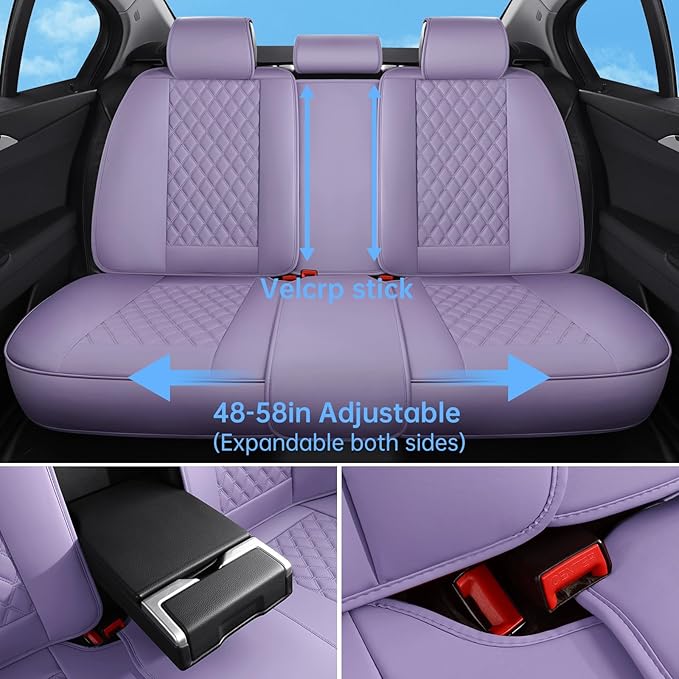 Car Seat Covers Full Set Purple, Luxury Faux Leather Waterproof Non-Slip Women Seat Protector Universal Fit for Most Cars SUVs Trucks Pick-ups,Car Interior Accessories(Purple-Full Set)