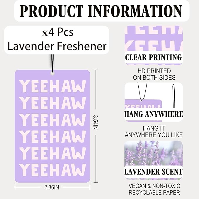 Preppy Purple Western Cowgirl Lavender Car Air Freshener 4 Pcs, Girly Floral Cowgirl Boots Air Freshener Hanging Decor for Cars Closet Drawer Books, Cute Areadeodorizer Gifts for Women Girls