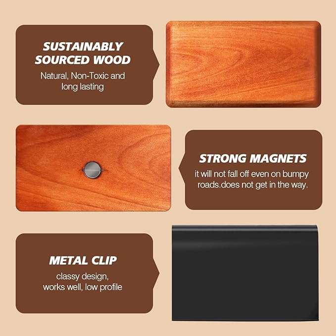 Car Air Freshener Starter Kit - Wood Air Freshener - Car Odor Eliminator for Visor Clip - Long Lasting - Variety Scent Refill - CLIP INCLUDED (Amber/Teak/Lavender/Frosted Spruce)