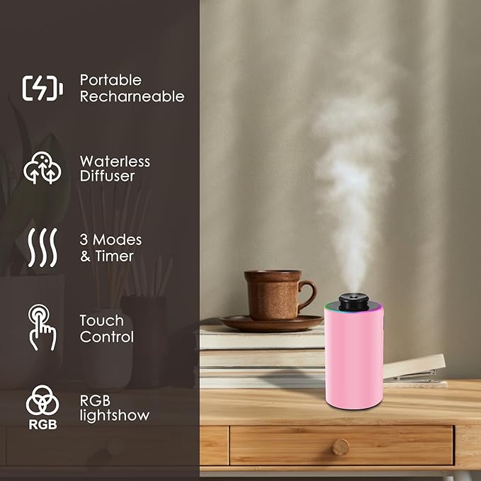 Waterless Essential Oil Diffuser with 8 Color LED Night Light, 3 Mist Levels & Timers, Portable Rechargeable Aromatherapy Diffuser for Home Car Room Studio Office, Black Metal (Pink)