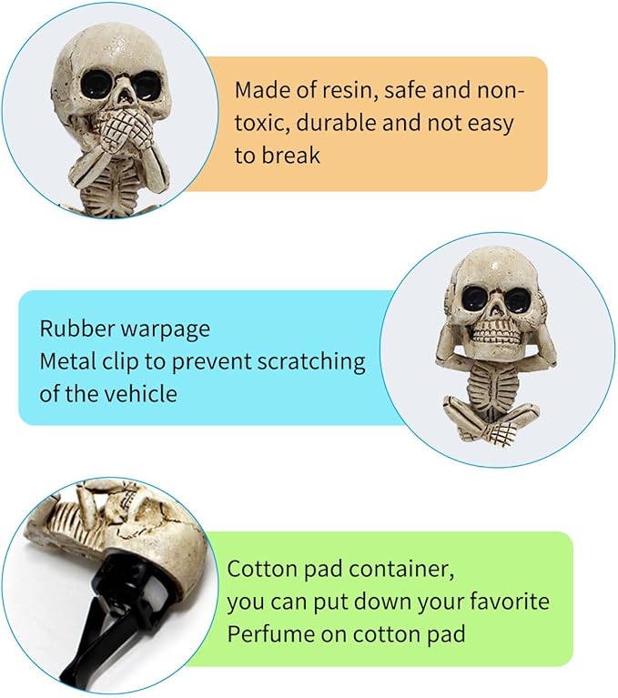 3 PCS Cute Skull Car Vent Clips 2.3In, Cooler Aromas Vents Skull Car Scent Air Freshener, Personalized Lucky Pendulums, Universal for Car Vents, Halloween, Office Home Decorations