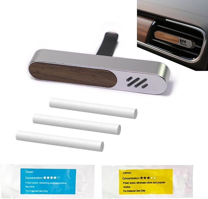 Luxury Car Air Freshener Vent Clip – Premium Wood & Metal Diffuser in Multiple Colors & Scent Kits – Reusable, Unisex for Men & Women (Platinum Silver, Fresh Morning)