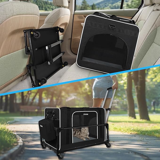 Petskd Extra Large Cat Carrier with Wheels and Litter Box 24"x17"x17" for Large Cat or 2 Small Cats, Soft-Sided Cat Carrier with Lockable Safety Zippers(Black)