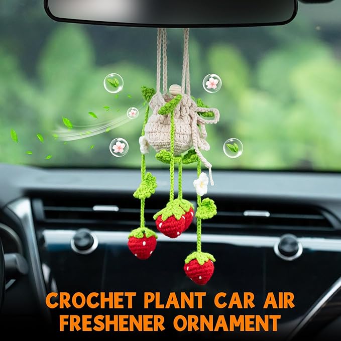 Crochet Plant Car Air Freshener, Cute Car Rearview Mirror Decor Hanging Ornament, Strawberry Knitted Handmade Auto Interior Accessories for Women (Strawberry)