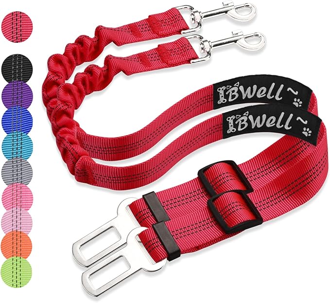 IBWell Dog Seat Belt with Elastic Bungee Leash, Car Seat Belt for Dogs (Red, 2PCS-27.6")