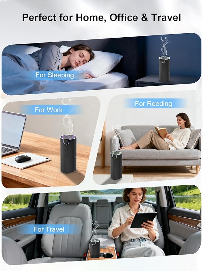 100ML Car Diffuser, USB Rechargeable Battery Operated, Cordless Portable Essential Oil Diffuser with 7 LED Color Lights, 2 Timer Modes