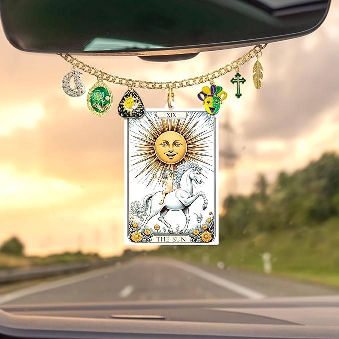 Tarot Card Car Air Freshener Rear View Mirror Accessories, 6 Pcs Boho Witchy Hanging Ornament with Charm Chain, The Sun Moon Aesthetic Car Decor, Scented Paper Diffuser Set for Women Men