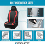 PIC AUTO Leather Car Seat Covers, Premium Automotive Waterproof Front & Rear Full Set Bucket Car Seat Protectors, Black and Red PVC Patchwork, Fits for Cars, Trucks, Van, SUV, Airbag Compatible