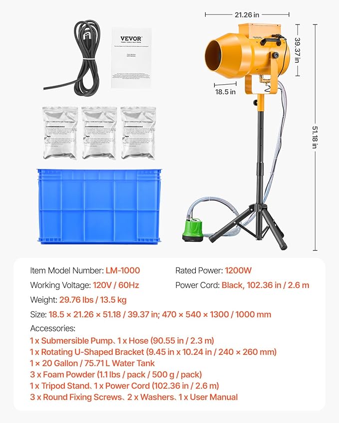 VEVOR Foam Machine, 1200 W Party Foam Cannon, Foam Maker with 3 Packs of Foam Powder, Foam Party Machine with 20 Gal Water Tank, for Backyard, Pool, Outdoor Events, Birthdays, Celebrations & Party