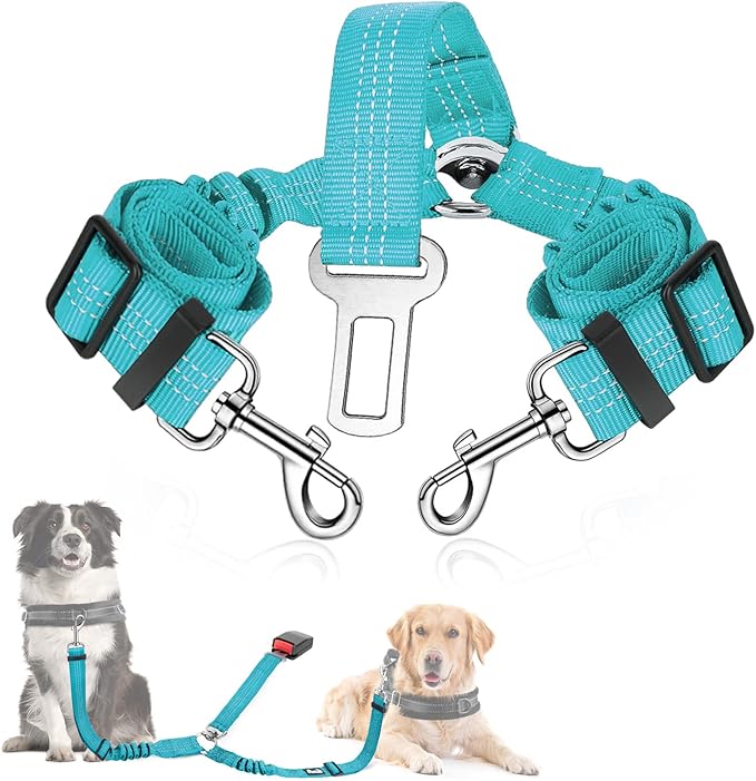 SlowTon Dog Seat Belt, Double Dog Seatbelt Adjustable Vehicle Safety Leash with Elastic Bungee Buffer, Reflective No Tangle Y Shape Two Dog Harness Seat Belt Splitter for Pets Car Trip (Mint Blue, M)