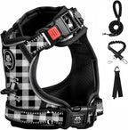 FURRYFECTION Plaid Dog Harness for Large Dogs, Reflective No Pull Adjustable Pet Vest with Front Clip, Leash, Easy Control Handle and Seat Belt, Beige&White, XL