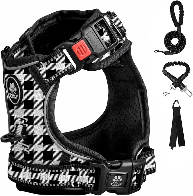 FURRYFECTION Plaid Dog Harness for Small Dogs, Reflective No Pull Adjustable Pet Vest with Front Clip, Leash, Easy Control Handle and Seat Belt, Beige&White, S