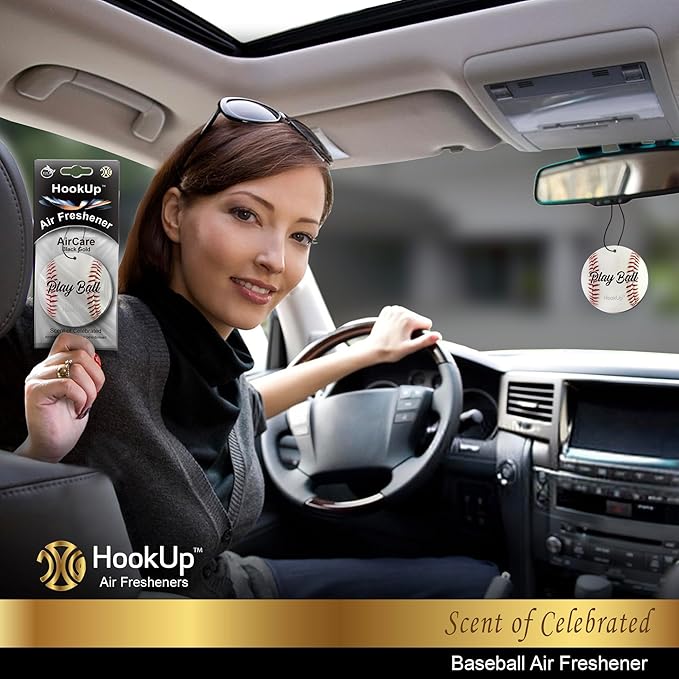 Baseball Car Air Freshener by HookUp - 10 Pack - Black Gold Scent (Extra Strong) | Unique Baseball Gift for Players, Coach, Fans | Hanging Car Accessory with Long Lasting Fresheners Smell