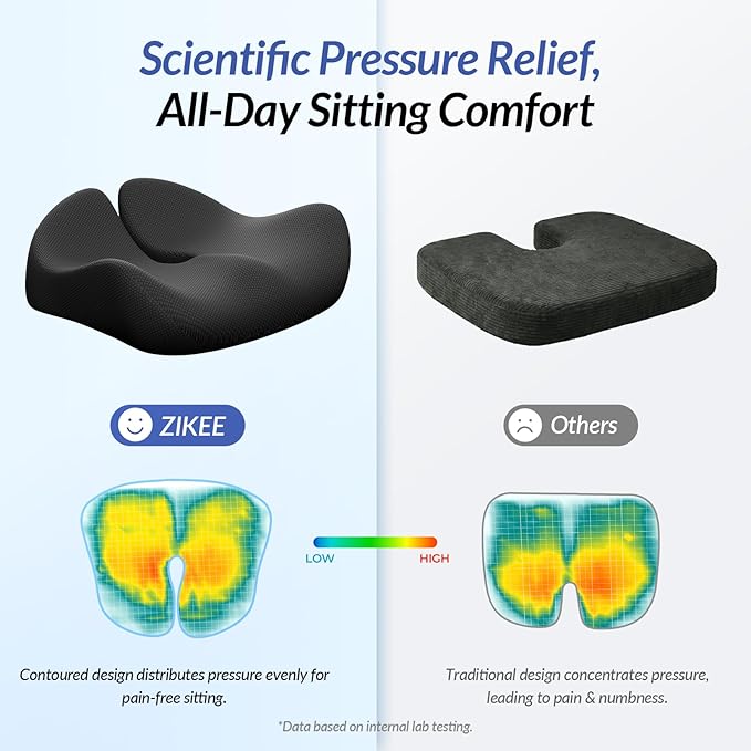 ZIKEE Pioneering Seat Cushion for Pressure Relief, Ergonomic Office Chair Cushion for Sciatica, Back, Hemorrhoids & Tailbone Pain Relief, High-Density Memory Foam Car Seat Cushion with Anti-Slip Base