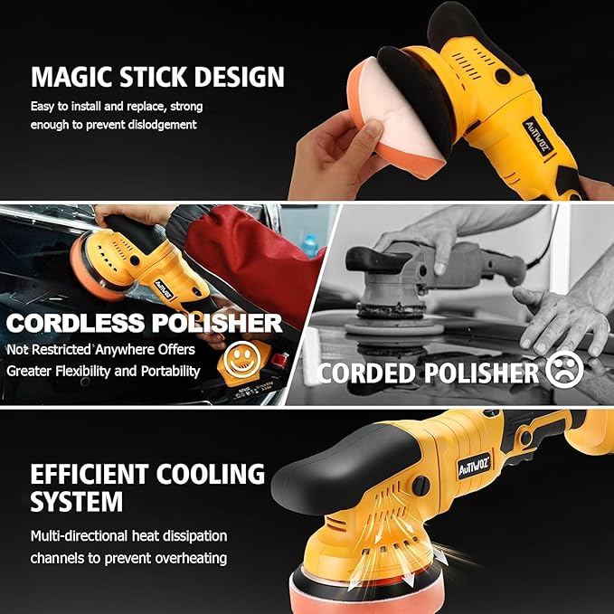 Cordless Car Buffer Polisher, 2x2000mAh 21V Batteries 5 Inch Random Orbital Polisher for Car Detailing, Waxing, Polishing, Scratch Removing, 6 Variable Speed Car Buffer Polishing Kit