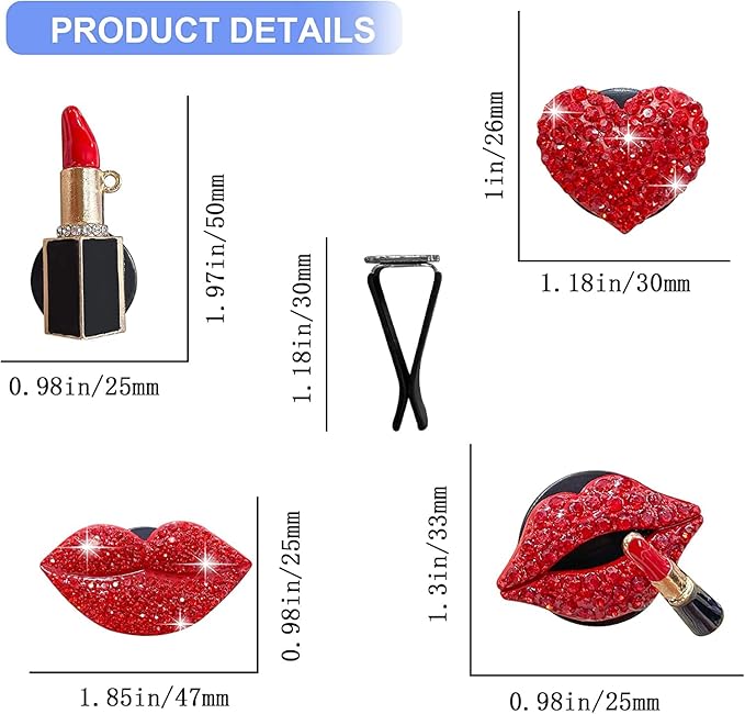Bling Red Lips Air Vent Clips, 4 Pcs Sexy Lips Kiss Heart Shape Car Air Fresheners for Women Crystal Car Air Vent Clip Charms Rhinestone Diffuser Vent Clip Cute Car Decor Bling Car Accessories for Women