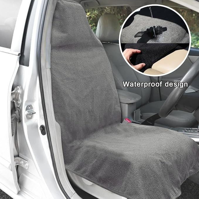 2PCS Car Towel Seat Cover, Waterproof Sweating Non-Slip Premium Soft Towel Carseat Protector, Universal Machine Washable Car Truck SUV Front Seat Cover for Gym Workout Beach Hiking (Gray)