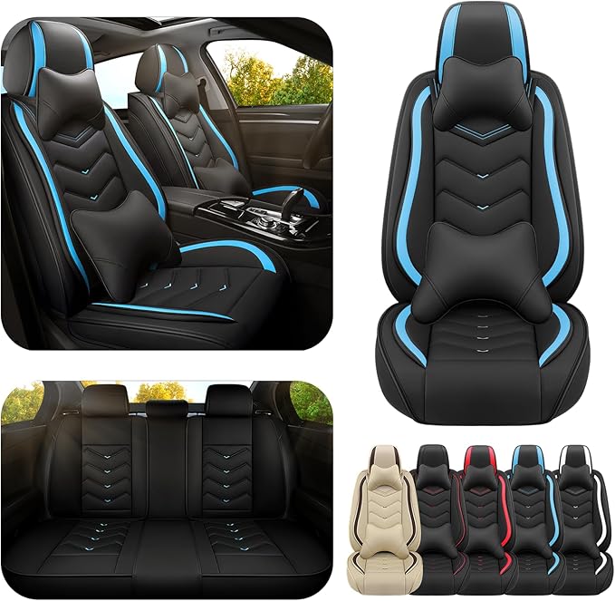 Car Seat Covers for Fiat 500 2012-2019, Premium Nappa Leather Car Seat Cover, Stylish Sport Seat Covers， Automobile Seat Cover Sets.(Luxury 5 Seats/Black Blue)