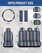 Baja Saddle Blanket Car Seat Covers Full Set with Seat Belt Pads and Steering Wheel Cover, Washable Breathable Striped Woven Cloth Seat Covers for Cars, SUV, Truck(Blue,Large)