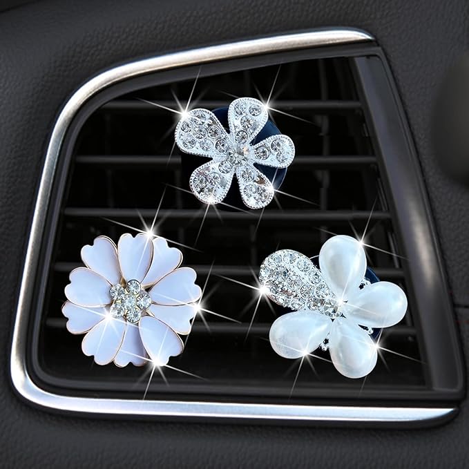 Bling Daisy 3-Pcs Crystal Flower Air Vent Clips - Rhinestone Cute Car Air Freshener Clips & Decor