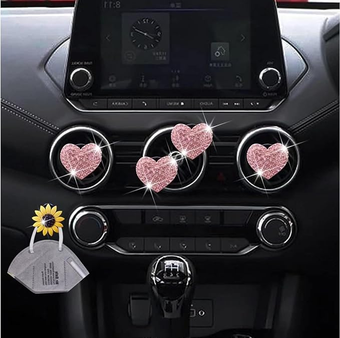 5Pcs Pink Bling Heart Air Vent Clips, Crystal Heart Car Air Fresheners Vent Clips Car Diffuser Vent Clip Rhinestone Car Decoration Car Interior Decor Cute Car Accessories,Interior Accessories