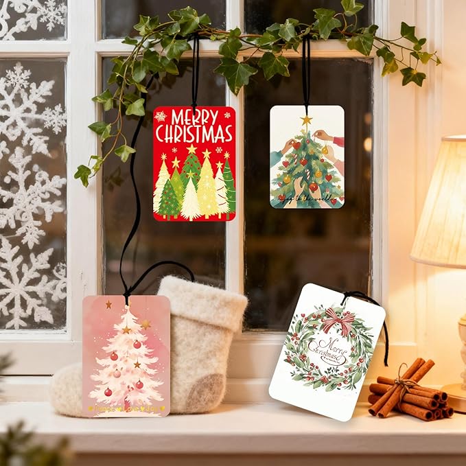 Christmas Car Air Fresheners 4 Pcs, Warm Holiday Tree & Wreath Hanging Air Freshener Set, Cozy Illustrated Merry Christmas Car Accessories for Women, Scented Gift & Stocking Stuffer for Holiday Season