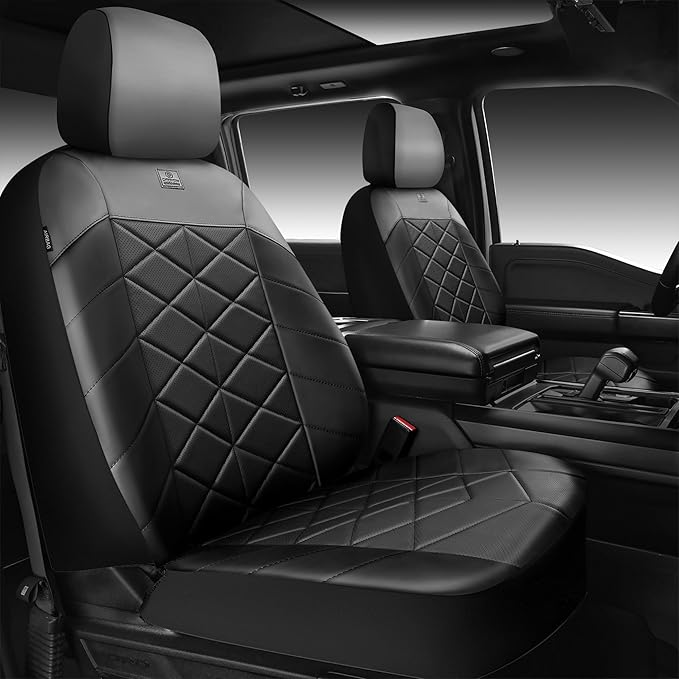 CAR PASS Nappa Leather Waterproof Car Seat Covers Two Front, 3D Foam Automotive Seat Covers with Memory Foam, Universal Fit for Cars SUV Truck Sedan, Airbag Compatible, Comfort 2 Rhomb Black Grey