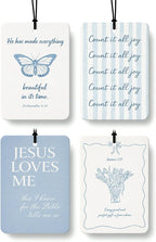 Blue Christian Car Air Freshener 4 Pcs, Preppy Blue Butterfly Tulip Religious Bible Verse Hanging Air Freshener for Closet Drawer Books, Girly Christian Car Accessories Mirror Decor for Women