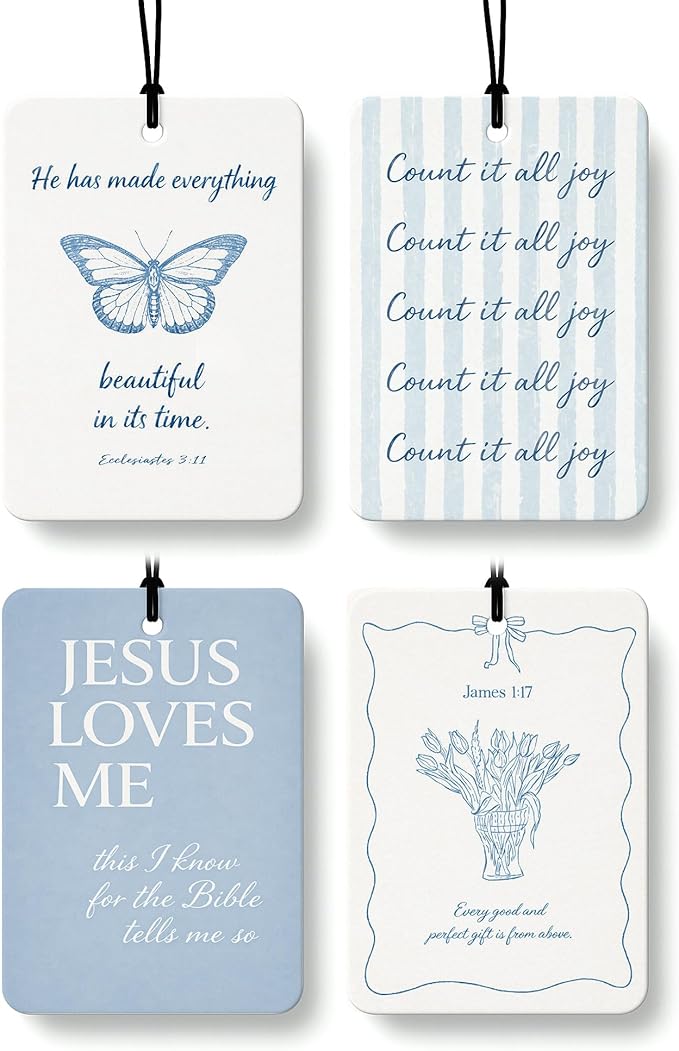 Blue Christian Car Air Freshener 4 Pcs, Preppy Blue Butterfly Tulip Religious Bible Verse Hanging Air Freshener for Closet Drawer Books, Girly Christian Car Accessories Mirror Decor for Women