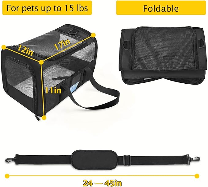 Refrze Pet Carrier Airline Approved, Cat Carriers for Medium Cats Small Cats, Soft Dog Carriers for Small Dogs, TSA Approved Pet Carrier for Cat Dog of 15 Lbs, Puppy Carrier,Black