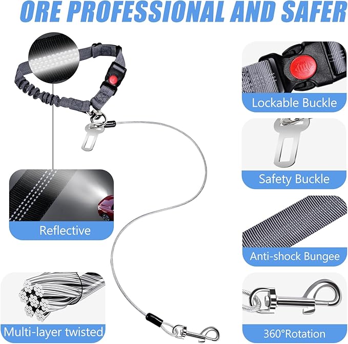 2 Pack Chew Proof Dog Seat Belt with Steel Cable, 2 in 1 Car Harness for Medium & Large Dogs Chewer Heavy Duty Dog Seatbelts
