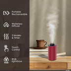 Waterless Essential Oil Diffuser with 8 Color LED Night Light, 3 Mist Levels & Timers, Portable Rechargeable Aromatherapy Diffuser for Home Car Room Studio Office, Black Metal (Red)