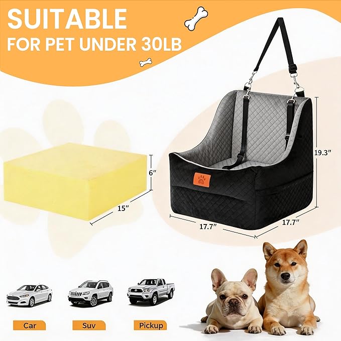 Dog Car Seat for Medium Dogs – Premium Pet Booster Seat with Two Pet Safety Belts, Detachable Washable Cover Non-Slip Base, Portable Dog Travel Seat for Road Trips & Daily Errands Up to 35lbs