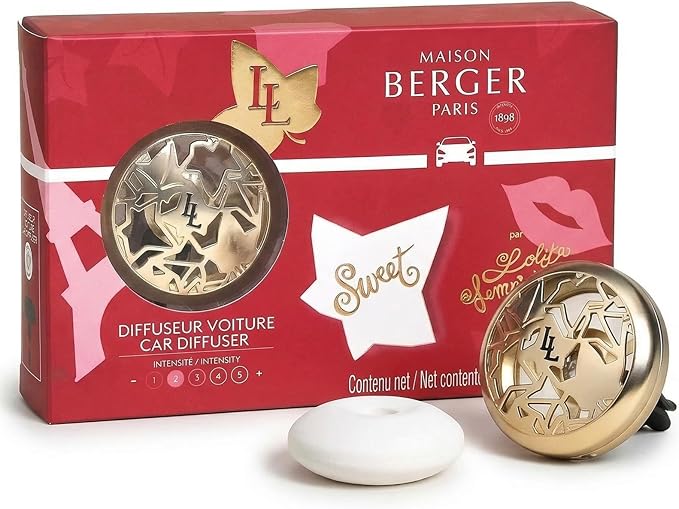 Maison Berger Luxury Car Diffuser Set Lolita Lempicka Sweet – Refillable Vent Clip with Ceramic Refill, 4-Week Passive Diffusion, Gourmand Fruity Scent, Made in France