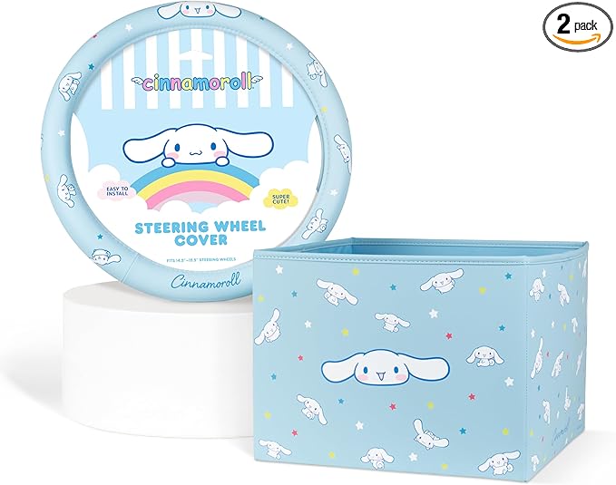 Sanrio Cinnamoroll Car Trunk Organizer & Steering Wheel Cover Set – Cute, Non-Slip, Soft Grip Car Accessories for Women – Collapsible Storage Bin for Groceries, Tools & Travel – 12.5"L x 12.5"W x 9"H