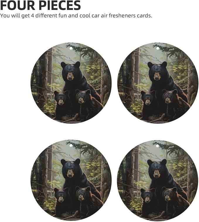 Car Air Fresheners Cards - Set of 4 Pieces with Stylish Black bear family Print - Long-Lasting Fragrance for Your Vehicle
