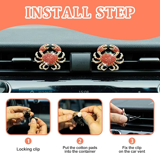 2Pcs Crab Air Freshener Vent Clip, Cute Air Diffuser Clips, Bling Rhinestone Car Outlet Decor, Crab Car Accessories for Women