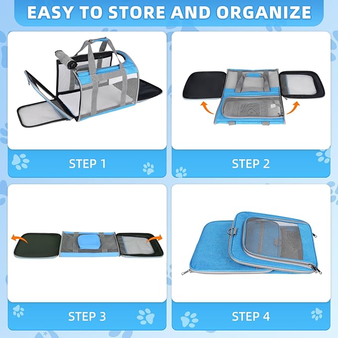 Cat Carrier for Large Cats up to 20 Lbs,Soft-Sided Pet Carrier for Large and Medium Cats, Small Dogs,Puppies,Collapsible Dog Carrier Travel Bag with 2 Storage Bags,4 Mesh Windows (Blue, Medium)
