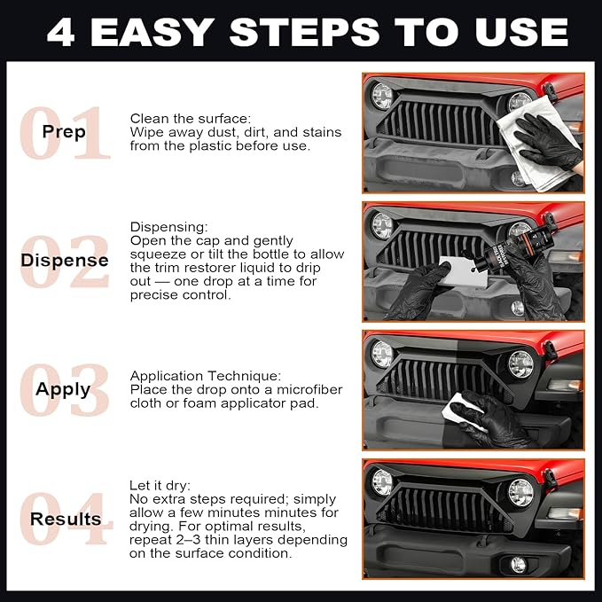 Black Trim Restorer Outdoor-Use Only Restores Deep Black Color in Minutes UV & Water Resistant Long-Lasting Protection for Exterior Plastic, Vinyl & Rubber Glossy Streak-Free Finish 8oz