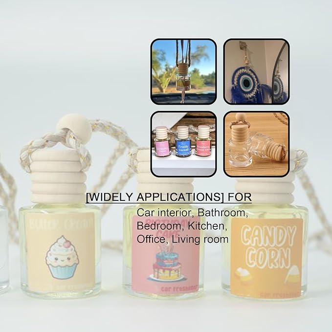 7 PCS MINI Cute Glass Bottle with Suspended Wooden Cover and Plastic Dropper,Car Air Freshener Perfume Bottle,Empty DIY Bottle Décor