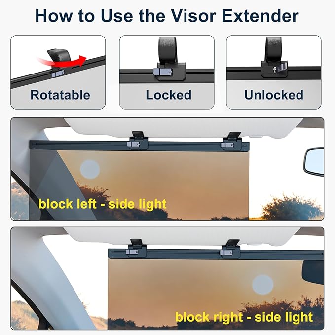 Sun Visor Extender for Car, Visor Extender Attachment for Car, Adjustable Visor Extender Sun Blocker UV400, Polarized Sun Visor Extender, Anti-Glare, UV Protector (1 Pack, Large)