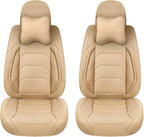Beige Car Seat Covers Front Pair, Breathable Leather Automotive Front Seat Covers & Headrest for Comfortable Driving, Compatible with Most Cars Sedans SUV Pickup Trucks