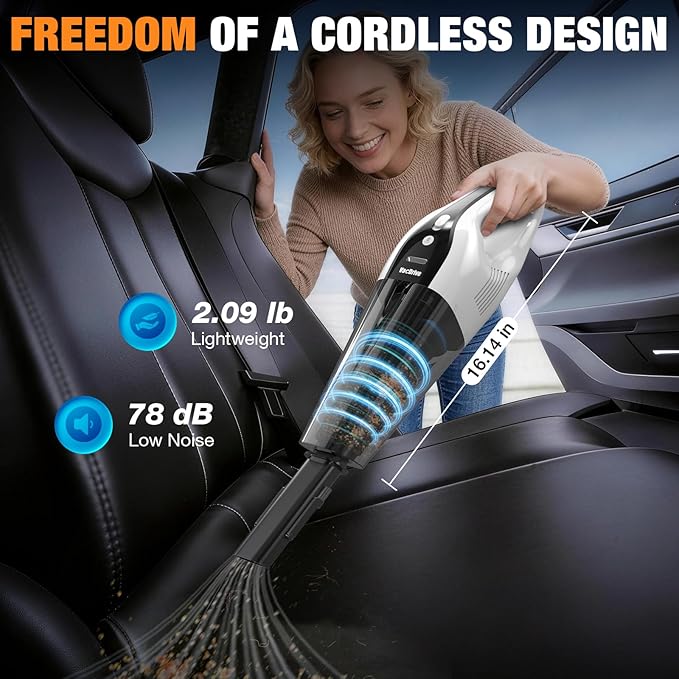 Handheld Vacuum Cordless, Ultra-Strong Suction Car Vacuum Portable Cordless, Rechargeable Hand Held Car Vacuum Cleaner High Power with Brushless Motor&Washable Filter for Car, Home, Pets, White&Black
