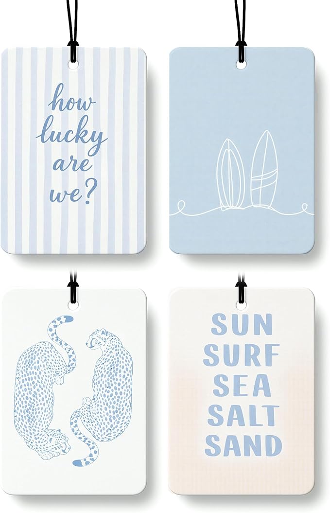 Blue Summer Beach Car Air Freshener 4 Pcs, Funky Preppy Surfboard Cheetah Coastal Hanging Air Freshener for Closet Drawer Books, Girly Beachy Car Accessories Mirror Decor for Women